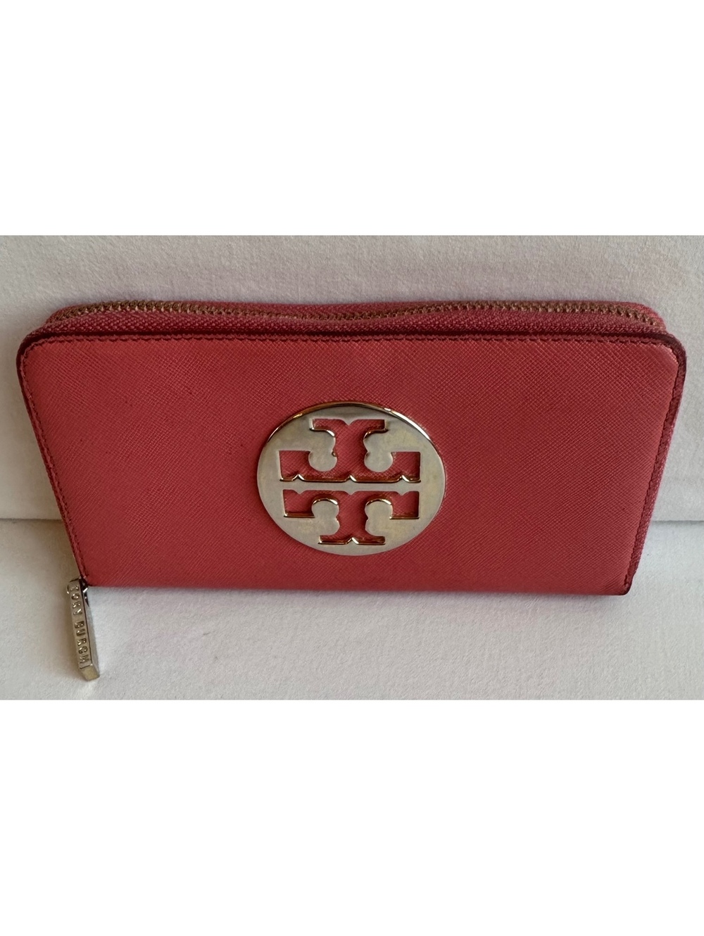 Tory Burch T80 Pink Saffiano Leather Zip Around Continental Wallet Gold Logo